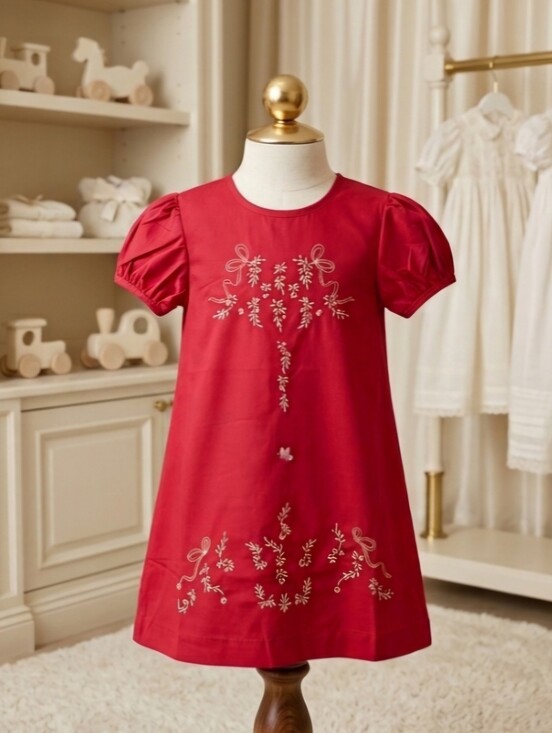 Love Me Other - Love Me Hand Embroidered Red Heirloom Puff Sleeve A-Line Dress 3T